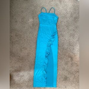 Elegant Blue Ruffle Slit Maxi Dress